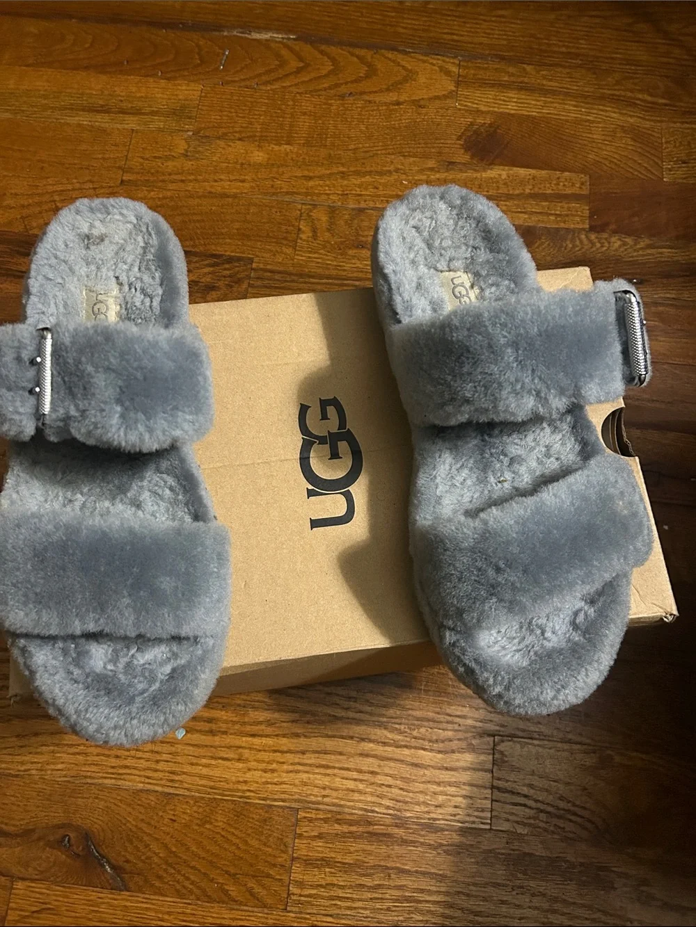 UGG Gray Fluff Double-Strap Slide Sandals with Buckle